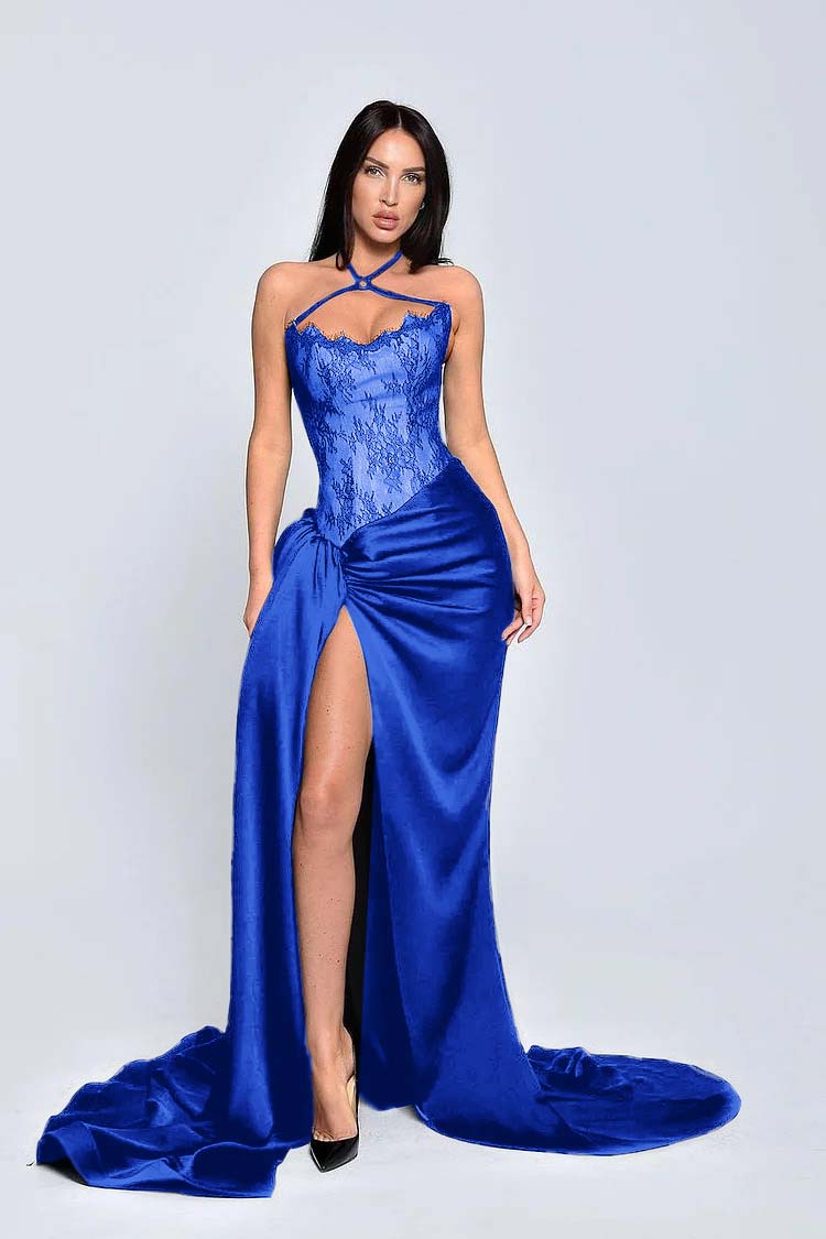 Black Halter Sleeveless Appliques Long Formal Dress With High Split