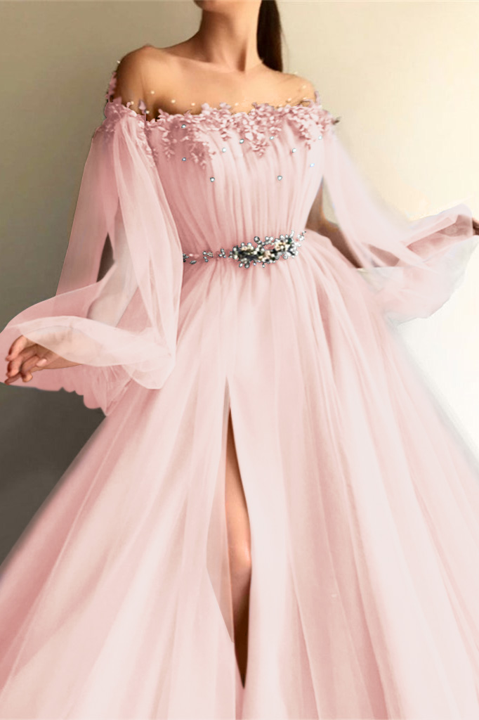 Long Sleeves Off-the-Shoulder Evening Dress With Beads