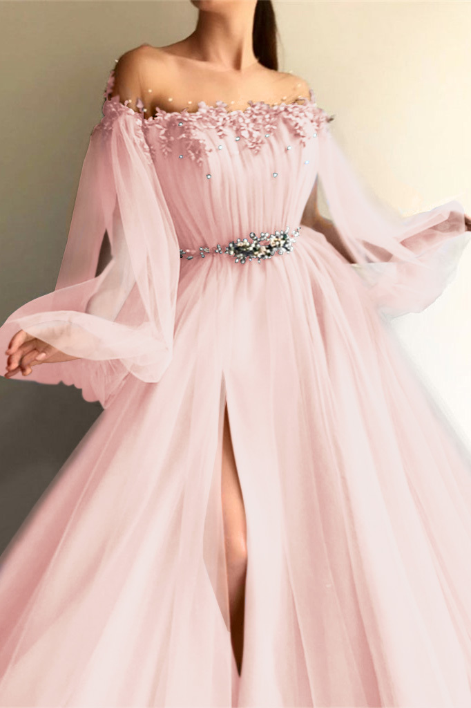 Long Sleeves Off-the-Shoulder Evening Dress With Beads