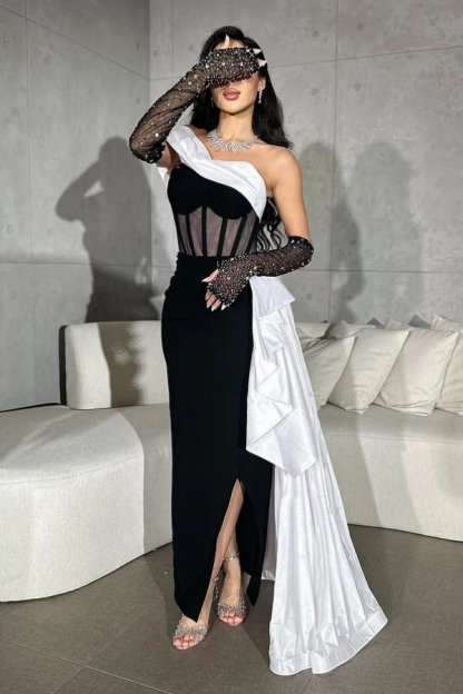 Black Short Split Prom Dress With White Tail