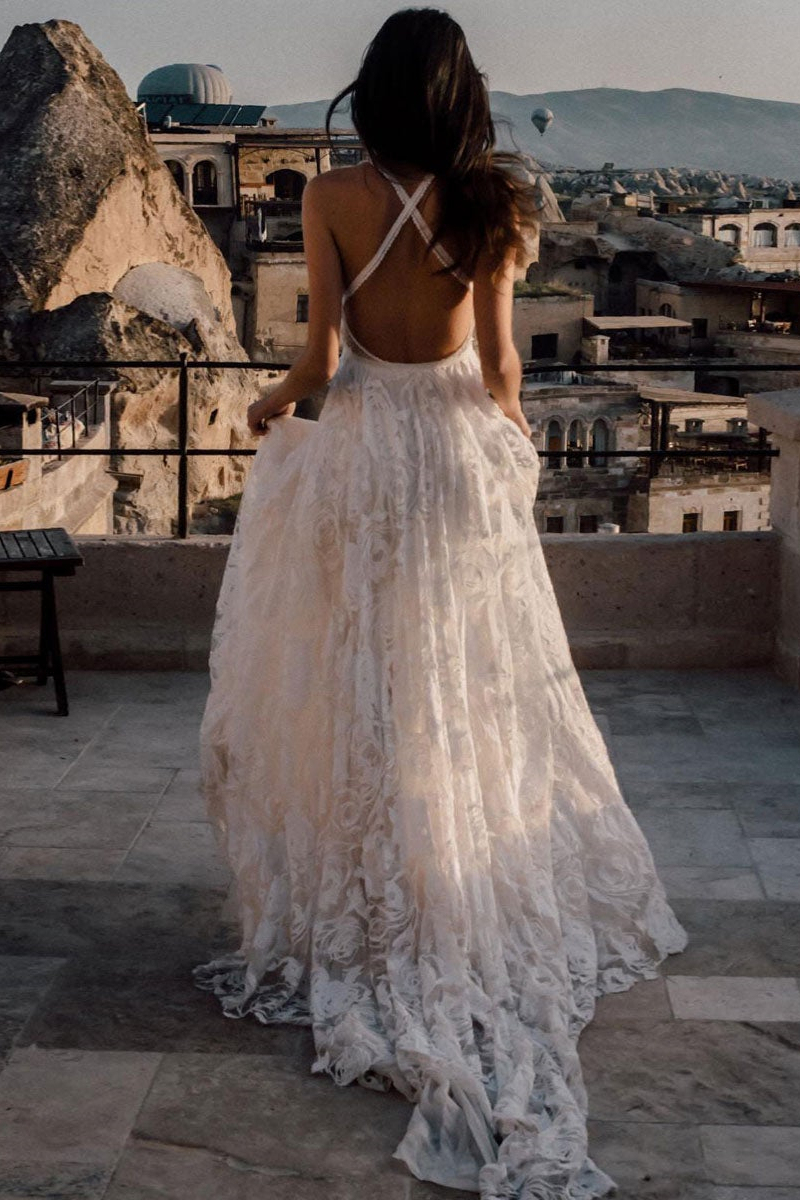 Lace Spaghetti-Straps Wedding Dress with Slit