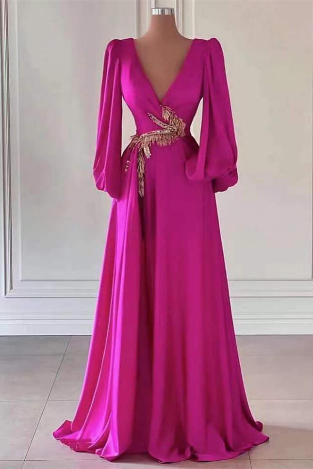 Fuchsia Dark V-Neck Long Sleeves A-Line Prom Dress With Embellishment