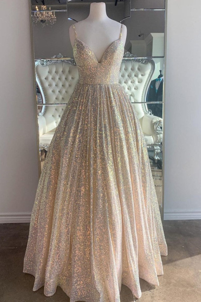 Shining Sequins V-Neck Spaghetti Strap Sleeveless Long A Line Formal Dress