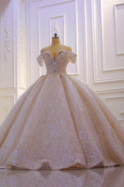 Stylish Off-The-Shoulder Satin Ball Gown Ruffles Wedding Dress Beading with Sequins