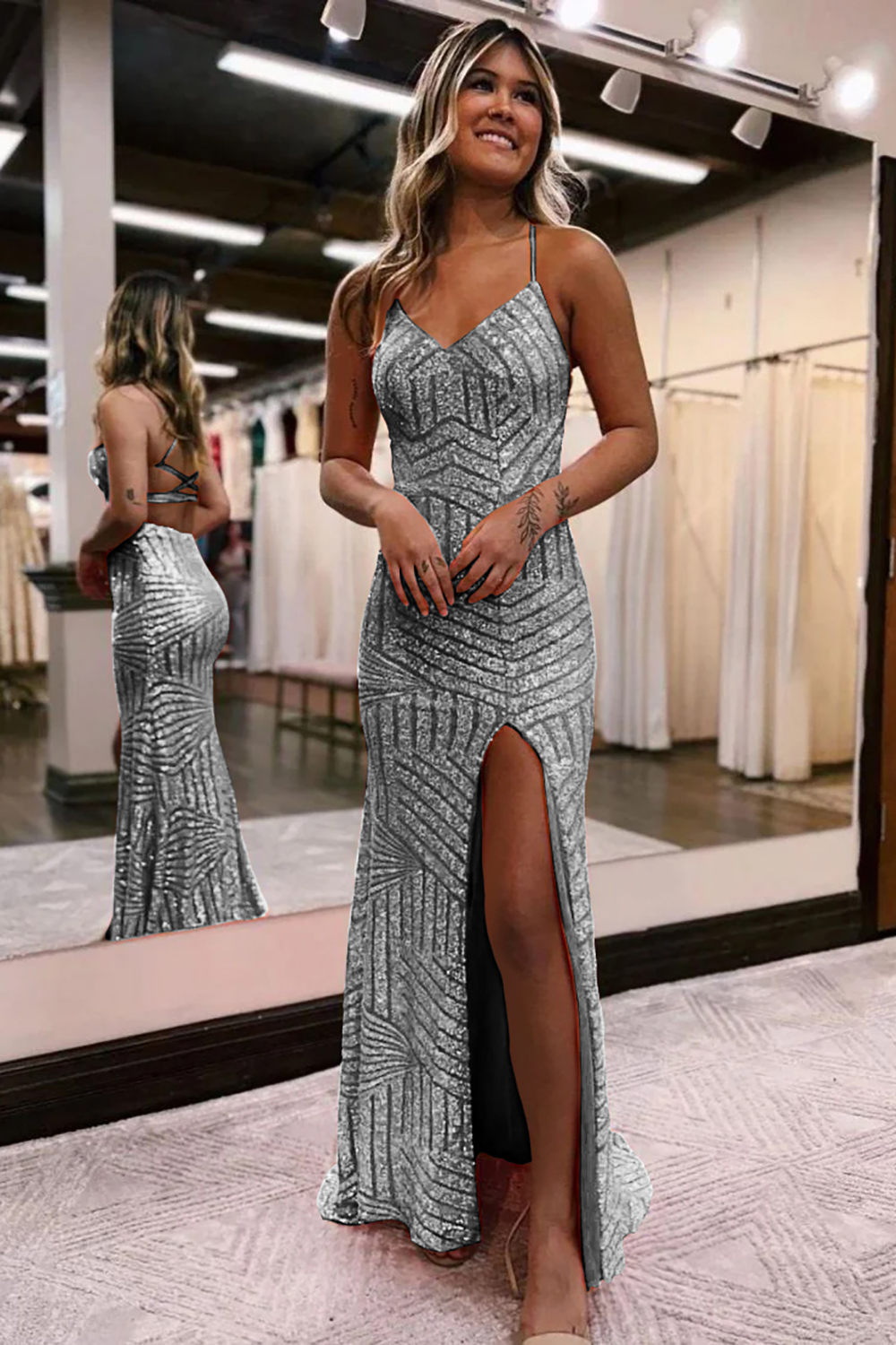Long Orange Sequined Prom Dress with Criss Cross Back and Sheath Spaghetti Straps