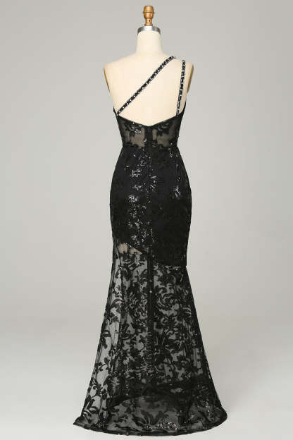 Black Sequined Long Prom Dress with Front Split and One Shoulder Sheath