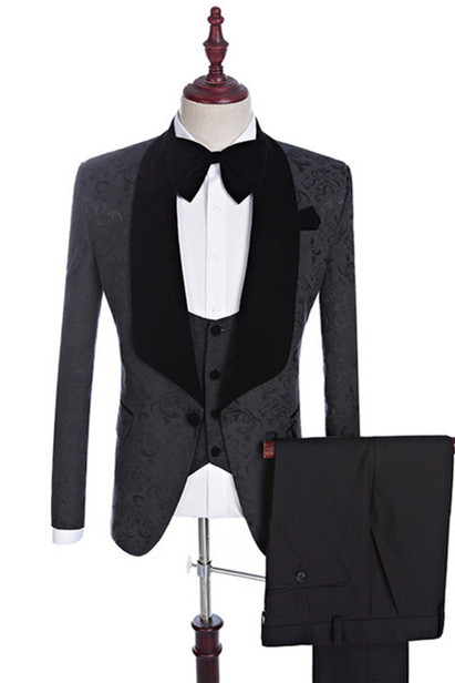 Xander Black Jacquard Shawl Lapel Three-Piece Wedding Suits for Men