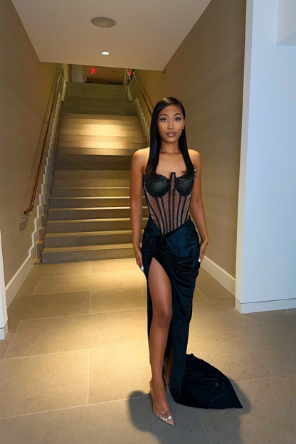 Elegant Black Strapless Sequins Slit Evening Dress With Chic Pleats