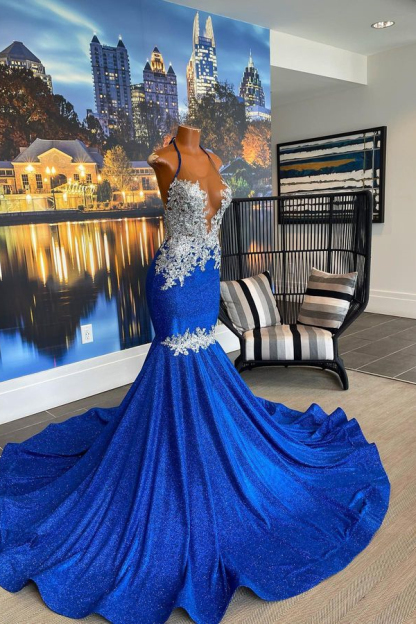 Chic Royal Blue Sleeveless Beading Mermaid Evening Dress