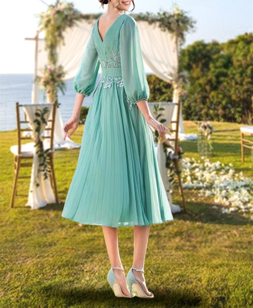 V-Neck Knee-Length A-Line Princess Dress for the Mother of the Bride with Lace Ruffle Embroidery