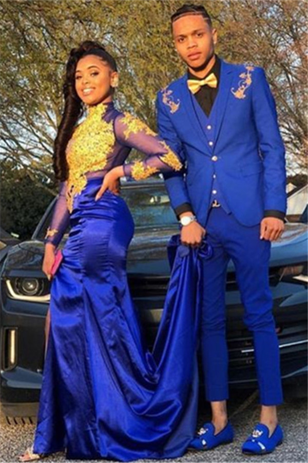 Royal Blue Three-Piece Casual Suit for Groom with Appliques