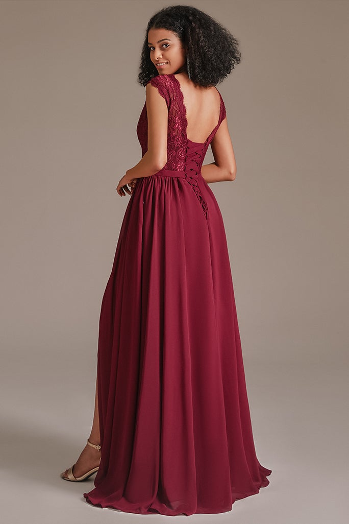 Burgundy Cap Sleeves Bridesmaid Dress with Slit