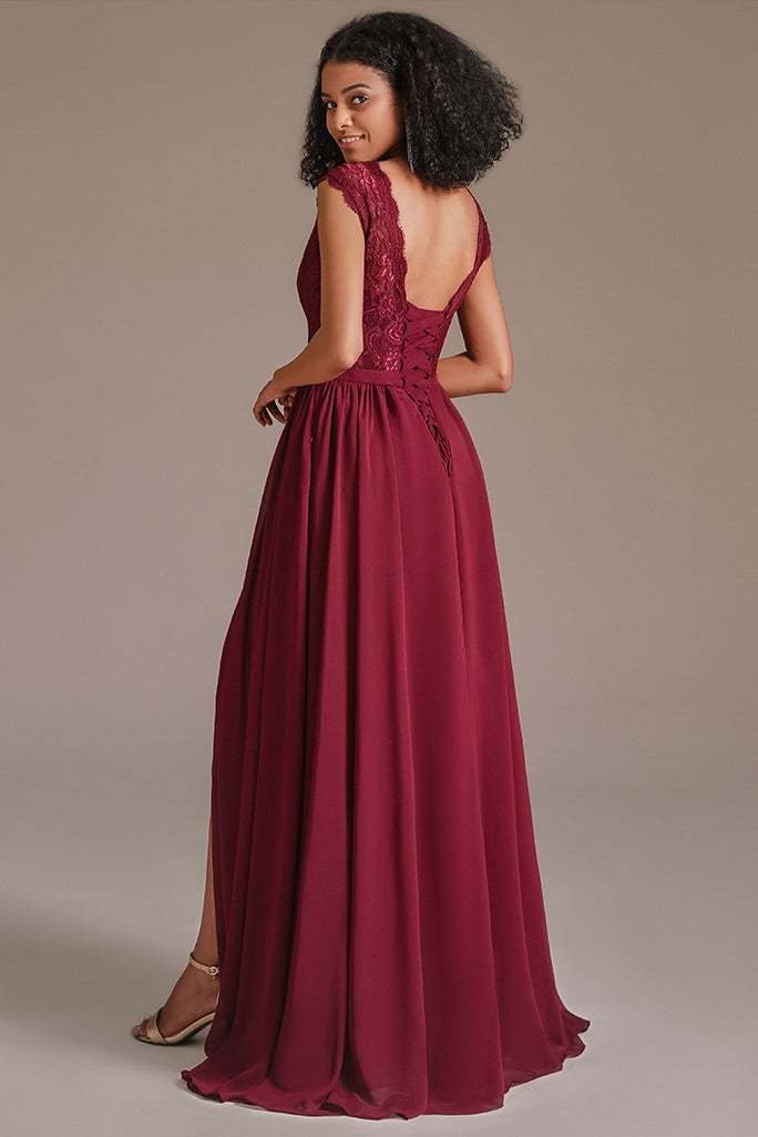 Burgundy Cap Sleeves Bridesmaid Dress with Slit