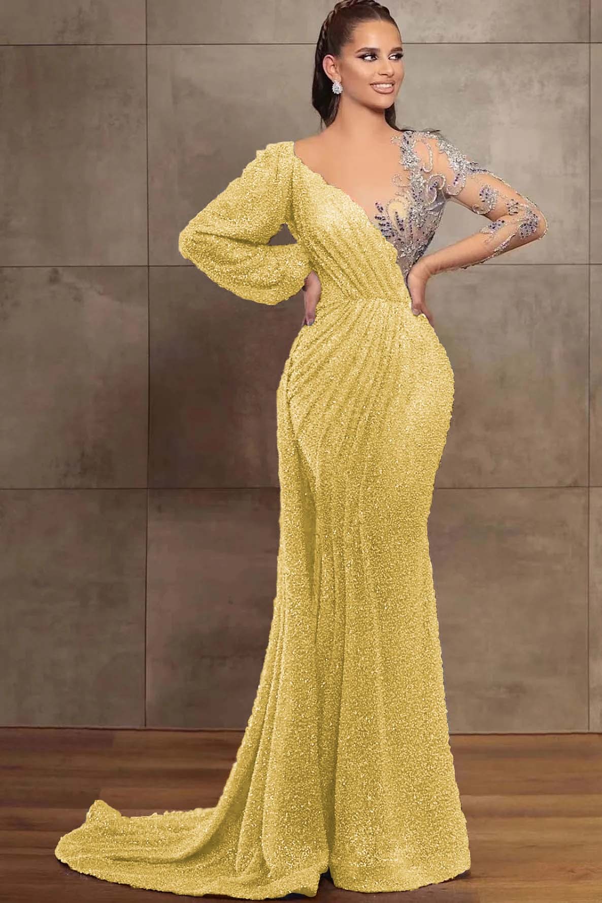 Gorgeous V-Neck Mermaid Evening Dress Long Sleeves With Sequins Beads