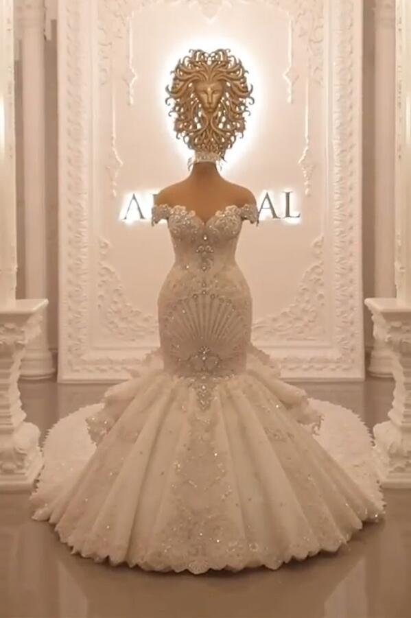 Gorgeous Floor-Length Backless Mermaid Off-The-Shoulder Wedding Dress with Crystal