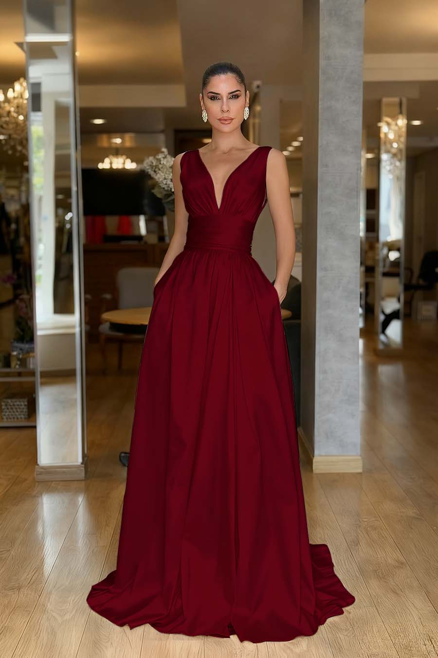 Straps Sleeveless High Waist Long Formal Dress With Pockets Pleated