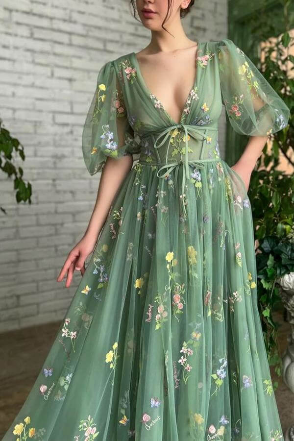 Deep V-Neck Tulle Aqua Beautiful Half Sleeves Evening Dress With Embroidery Flowers