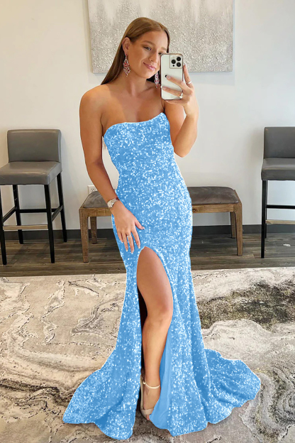Long Red Prom Dress with Mermaid Sequins and Slit