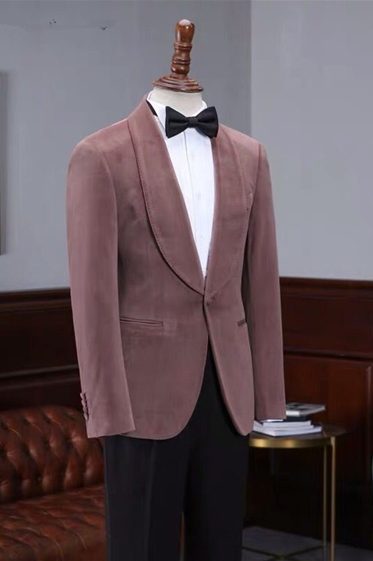 Classic Pink Velvet One-Button Shawl-Lapel Wedding Suit for Men