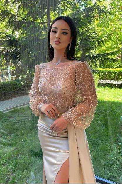 Jewel Neck Long Sleeves Mermaid Split Long Formal Dress With Beading
