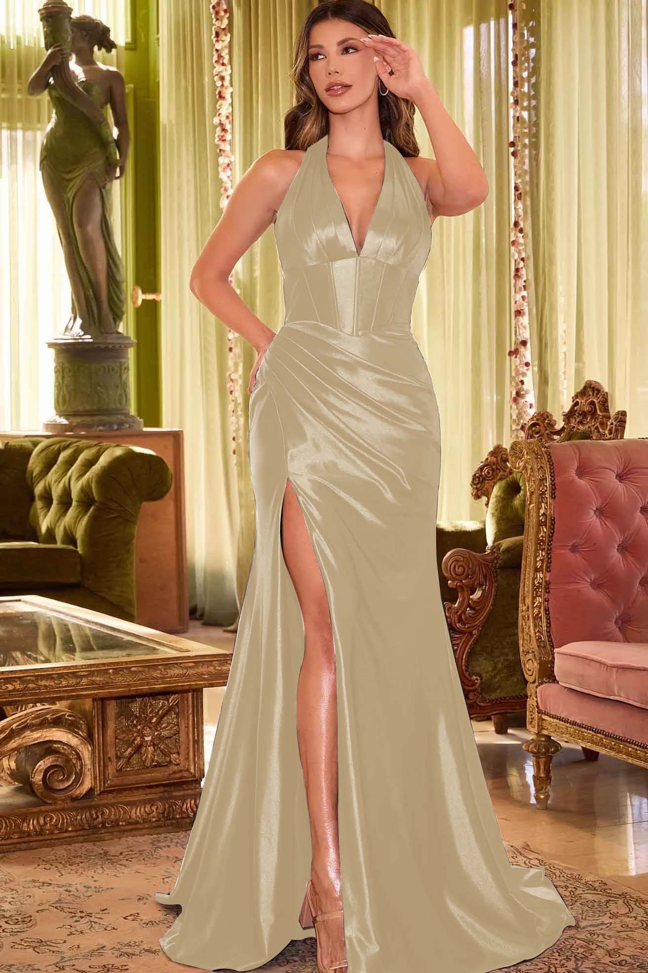Halter V Neck Sleeveless Split Long Mermaid Formal Dress With Pleated