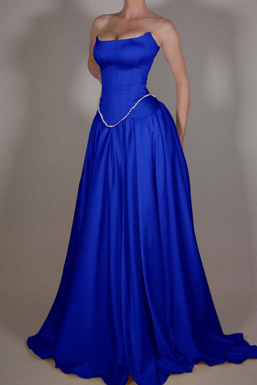 Strapless Sleeveless Long A Line Formal Dress With Pleated Beading