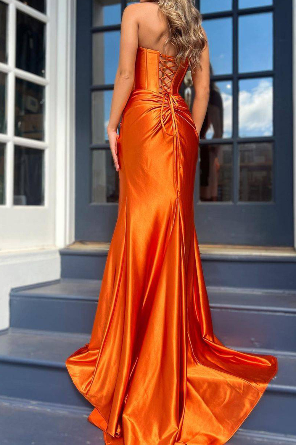 Orange Strapless Mermaid Prom Dress with Front Split and Corset