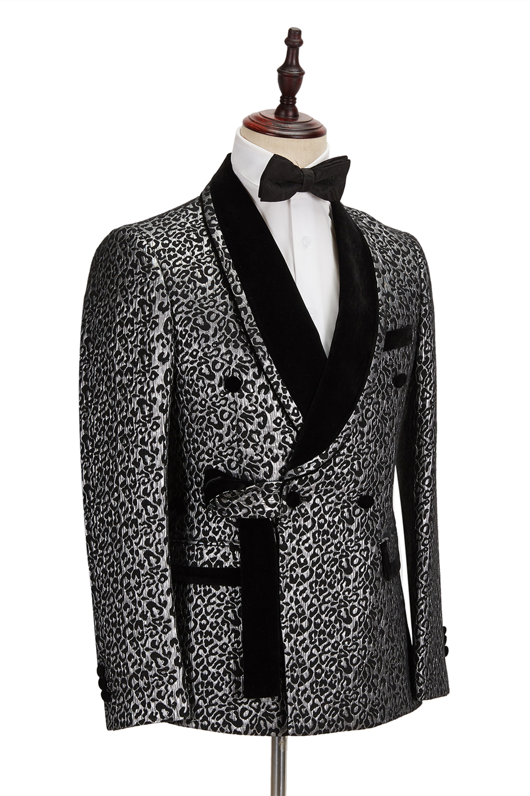 Black Stitching Silver Leopard Jacquard Men's Suit Shawl Lapel Double-Breasted Wedding Suit for Formal with Shirt