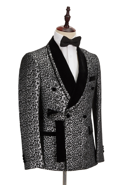 Black Stitching Silver Leopard Jacquard Men's Suit Shawl Lapel Double-Breasted Wedding Suit for Formal with Shirt