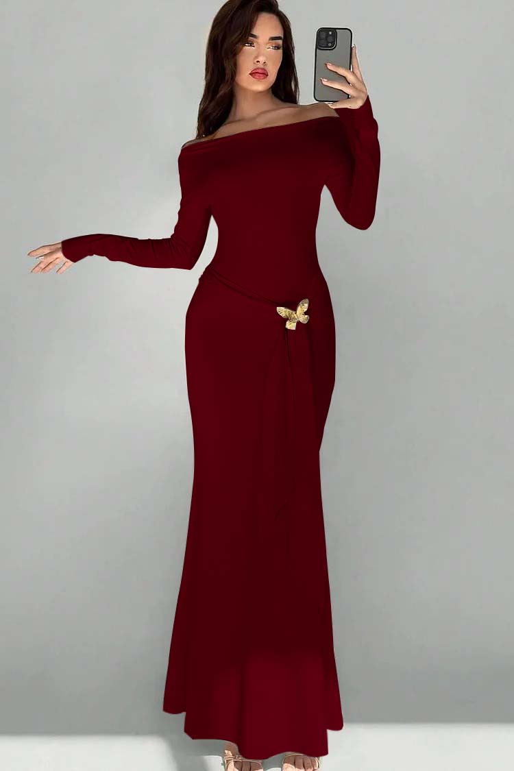 Off the Shoulder Long Sleeves Long Mermaid Formal Dress With Appliques