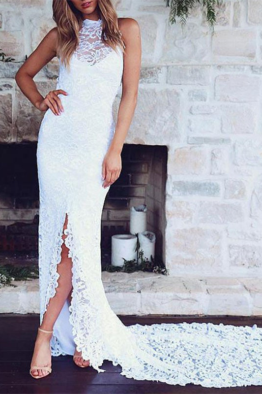 Lace High Neck Summer Beach Wedding Dress
