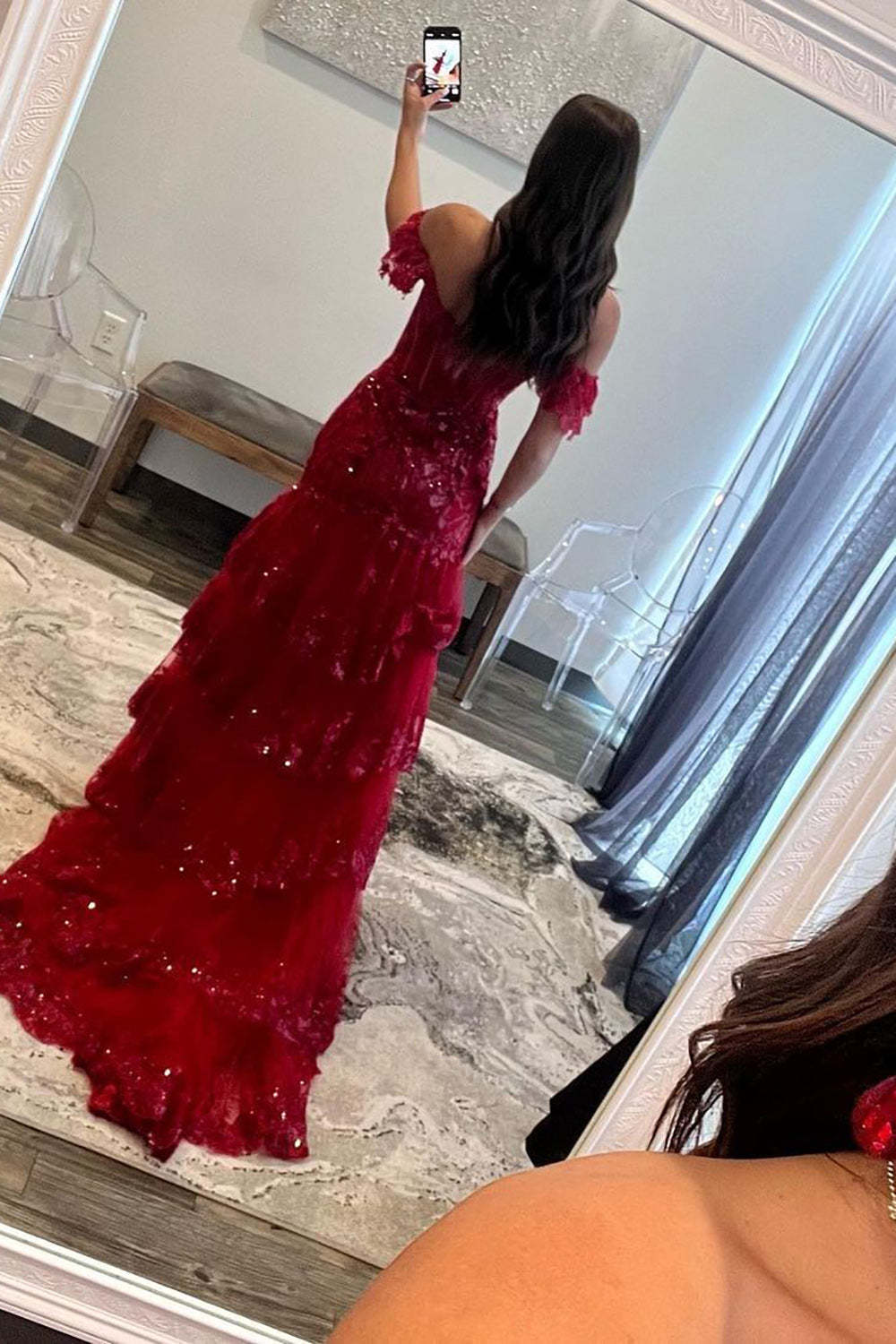 Long Red Prom Dress with Lace in an Off-the-Shoulder A-Line Design