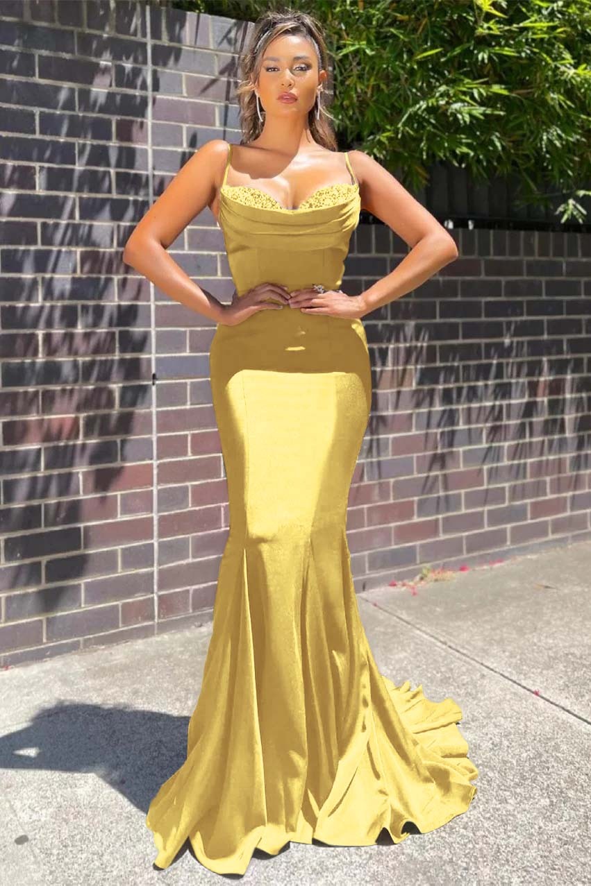 Long Spaghetti Strap Sleeveless Mermaid Ruffles Formal Dress With Beadings