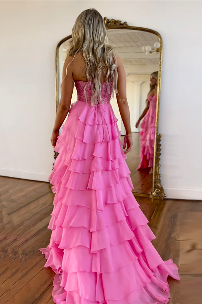 Long Chiffon Prom Dress in Lilac with A Line Corset and Tiered Slit