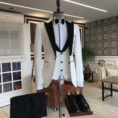Fashion White Party Prom Suits Three Pieces for Man Black Peaked Lapel
