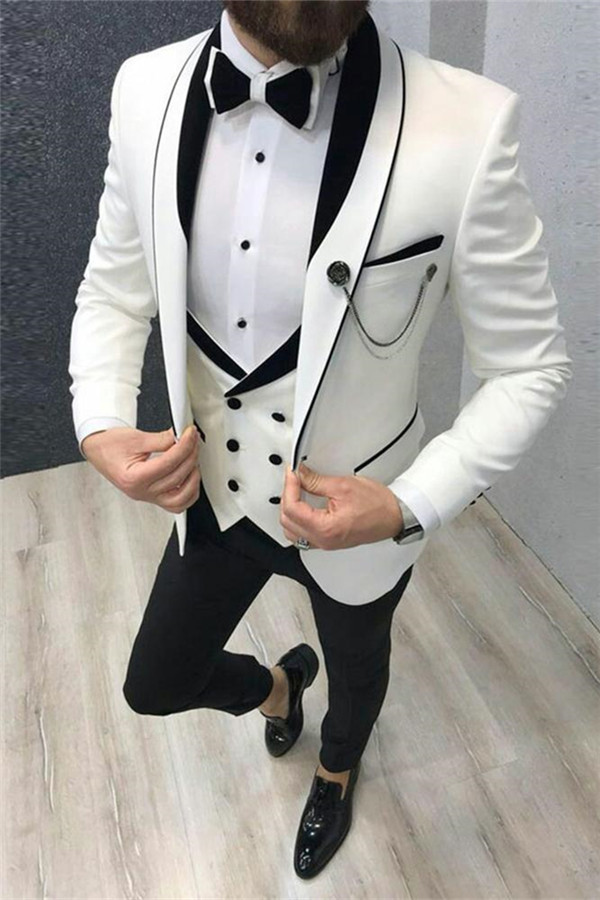 Gentle White Wedding Tuxedos (3-Piece Set) for Men with Black Lapels