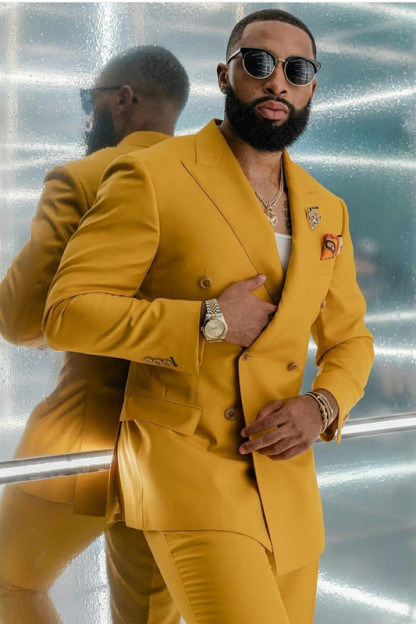 Stylish Slim Fit Yellow Double-Breasted Prom Attire for Guys