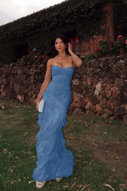 Chiffon Sweetheart Strapless Sleeveless Long Formal Dress With Ruffles