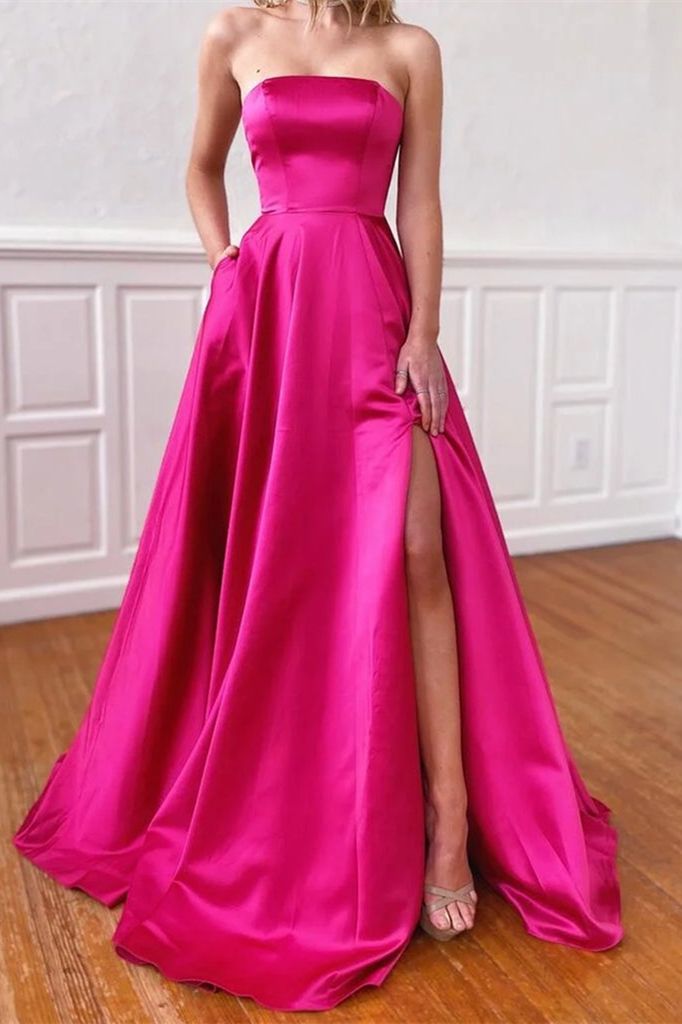 Strapless Fuchsia Prom Dress With Pockets Side Split