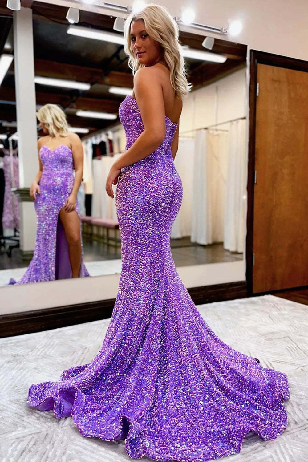 Long Mermaid Prom Dress with Sparkly Purple Sequins and Slit