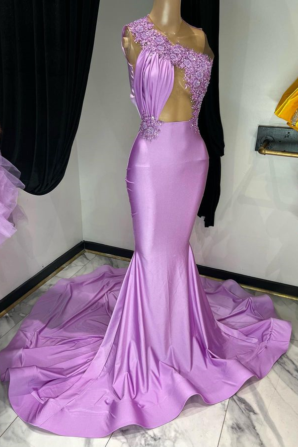 Elegant One Shoulder Sleeveless Appliques Mermaid Purple Evening Dress