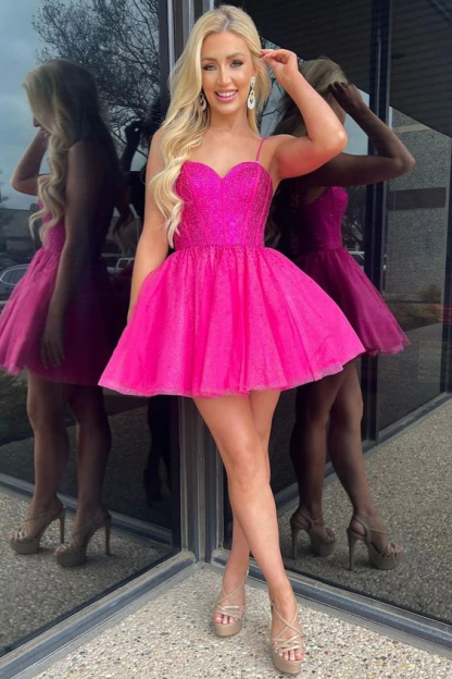 Tutu Fuchsia Sweetheart Spaghetti-Straps Sexy Short Mini cocktail Dress