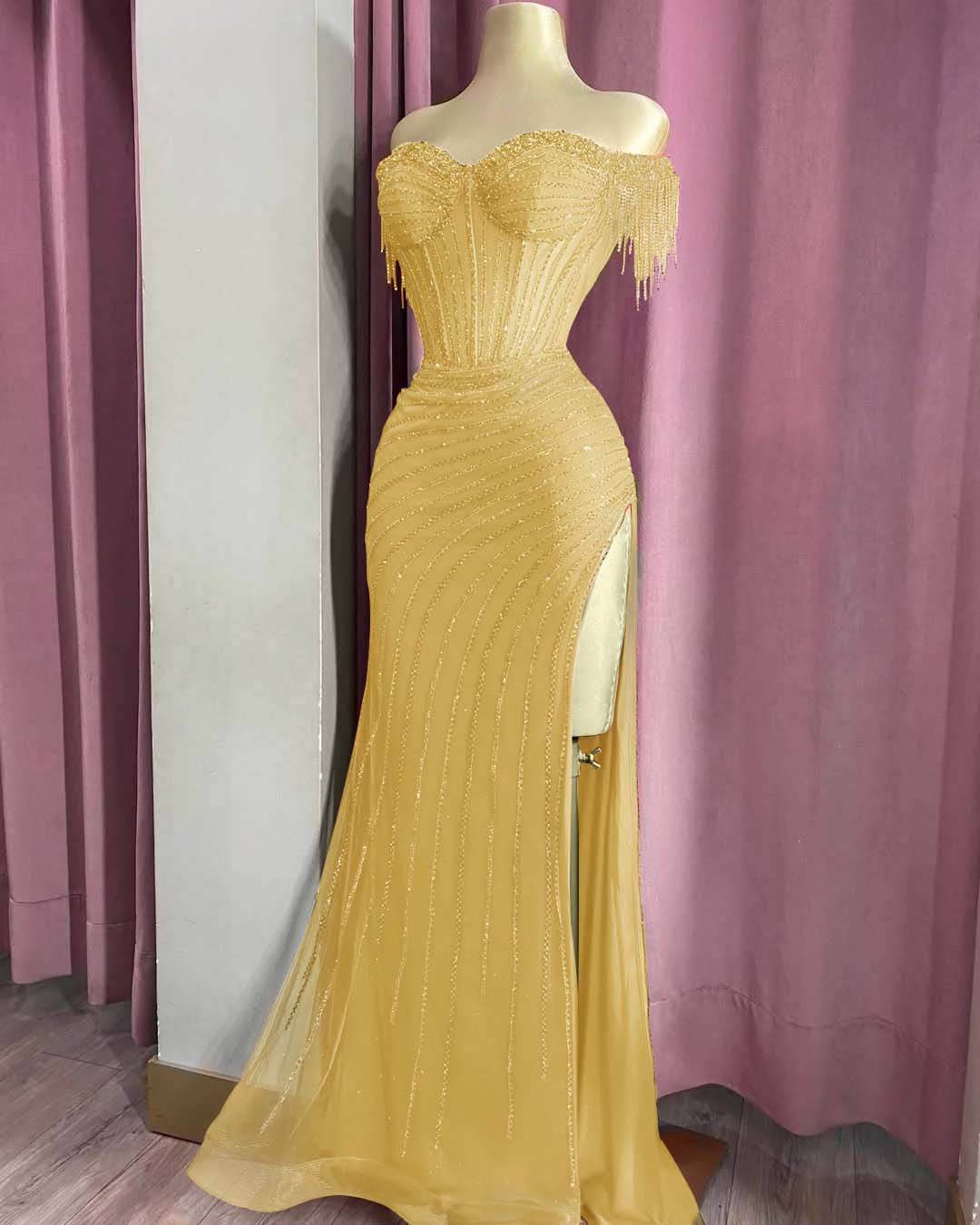 Off the Shoulder Sleeveless Long Split Formal Dress With Beading