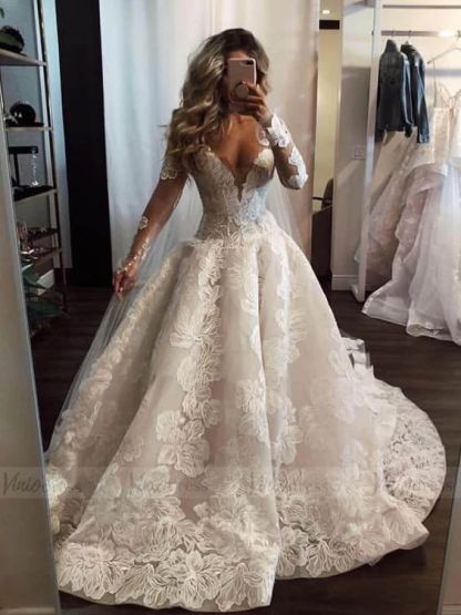 Beautiful Pearl Floor-Length A-Line Long Deep V-Neck Sleeves Wedding Dress with Appliques Lace