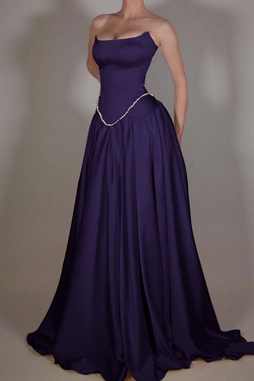 Strapless Sleeveless Long A Line Formal Dress With Pleated Beading