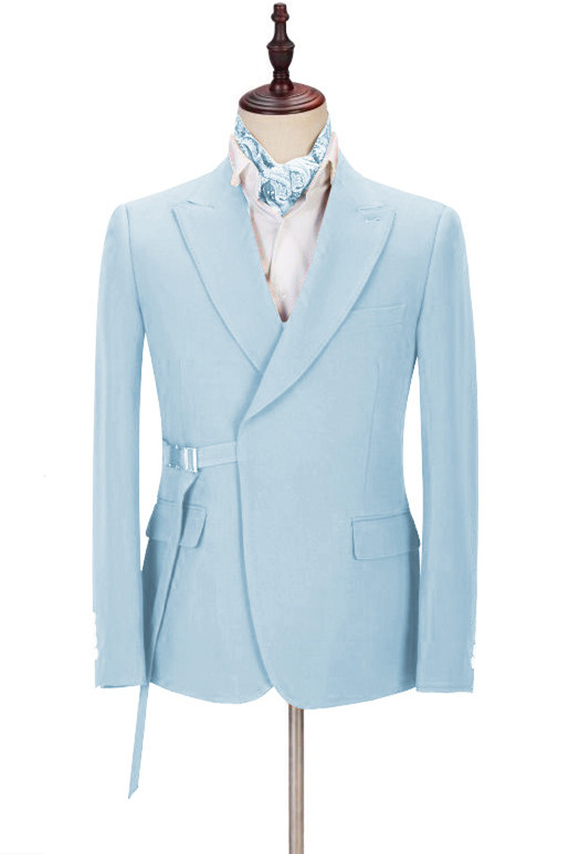 Shining Sky Blue Best Peaked Lapel Wedding Suits for Men with Adjustable Buckle