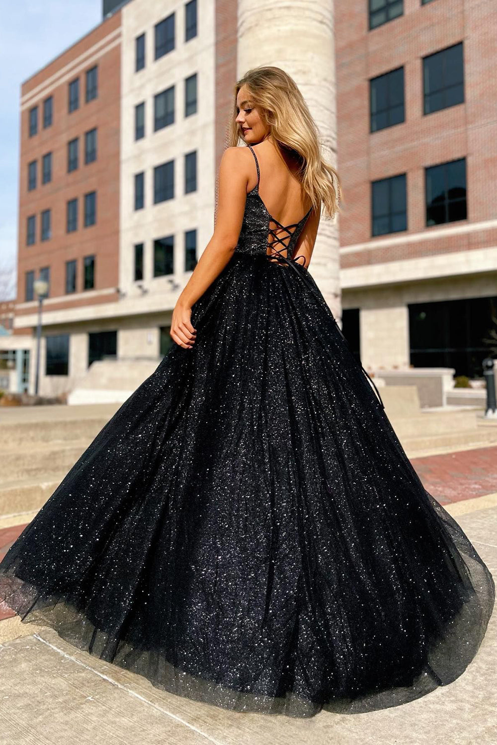 A-Line Prom Dress with Sparkly Black Spaghetti Straps