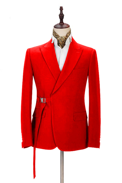 Popular Slim Fit Bright Red Buckle Button Summer Wedding Suit with Peak Lapel