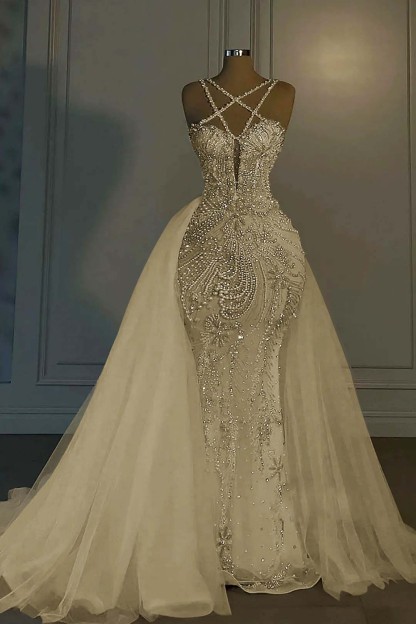 Halter Sleeveless Mermaid Long Formal Dress With Beading Tulle