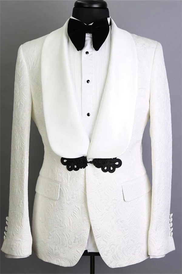 Elegant Slim Fit Tuxedos for Wedding Two-Piece White Shawl Lapel Jacquard Groom Suits